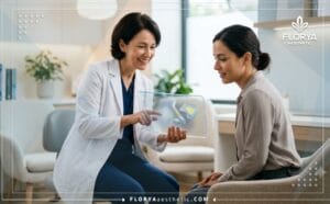 طبيب يشرح خطة تجميل الأنف بتقنية الموجات فوق الصوتية لمريض باستخدام جهاز لوحي متطور.