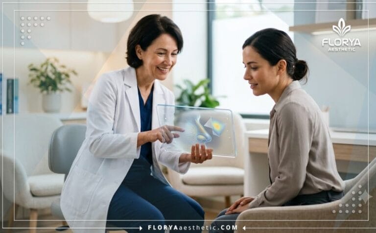 طبيب يشرح خطة تجميل الأنف بتقنية الموجات فوق الصوتية لمريض باستخدام جهاز لوحي متطور.