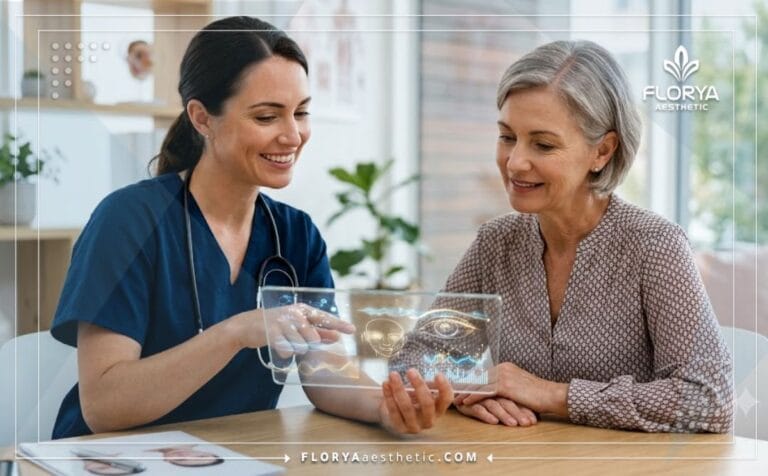 طبيب متخصص يشرح خطة شد الجفون باستخدام الموجات فوق الصوتية للمريض