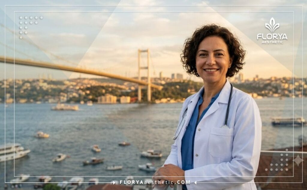 طبيب تجميل ودود يرحب بالمرضى في إسطنبول مع خلفية مميزة لجسر البوسفور