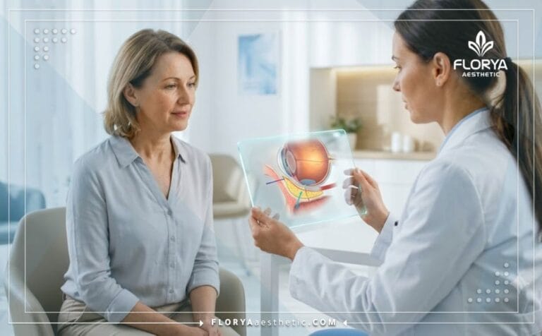 طبيب متخصص يعرض خطة رقمية لإجراء عملية إعادة توزيع دهون العين للمريض في عيادة حديثة