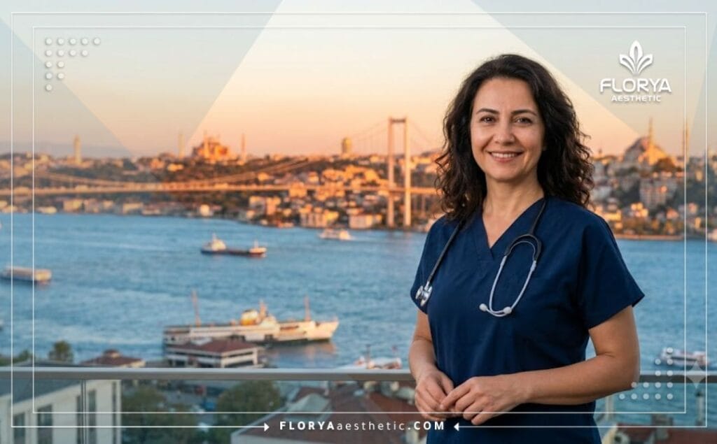 Friendly aesthetic surgeon in Istanbul with a famous landmark in the background welcoming patients