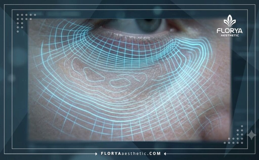 High-tech 3D macro surface scan of the under eye region highlighting precision mapping.