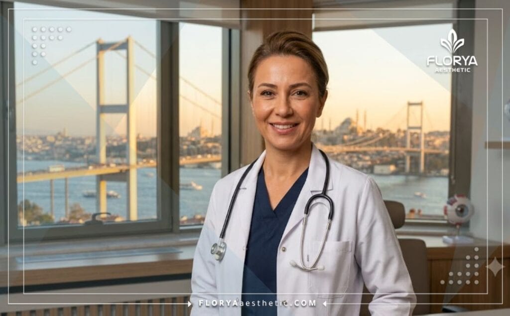 Friendly cosmetic doctor specialized in eye rejuvenation in Istanbul at golden hour.