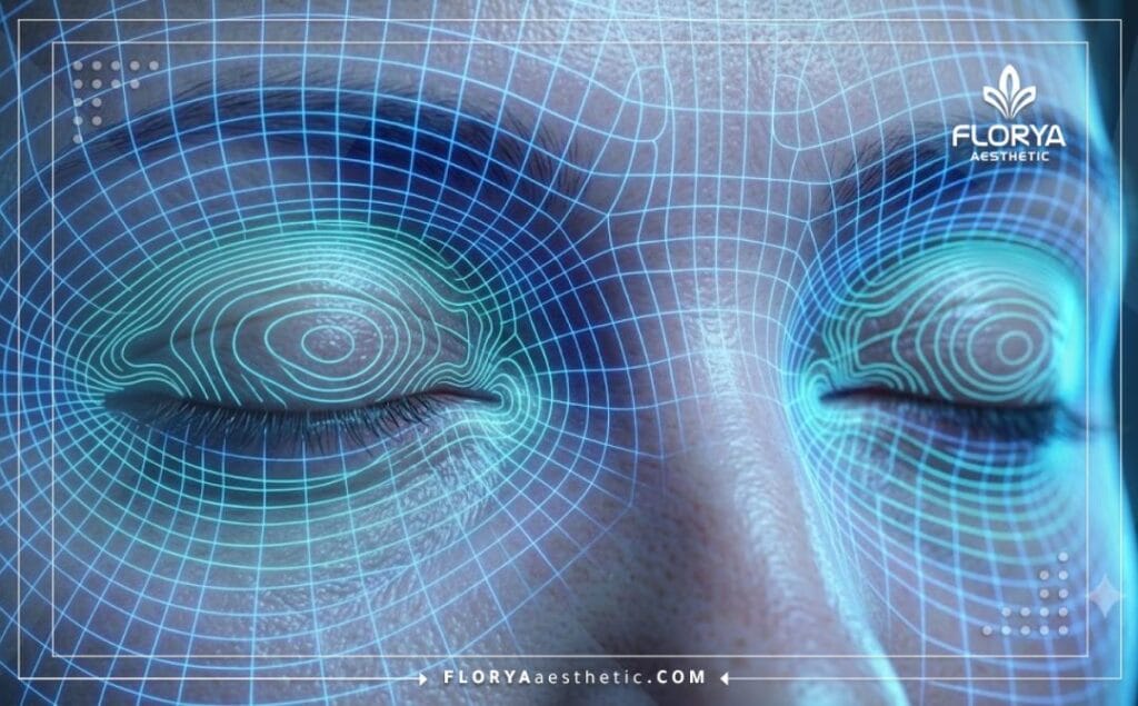 High-tech 3D digital mesh scan focusing precisely on the anatomical details of the eye region
