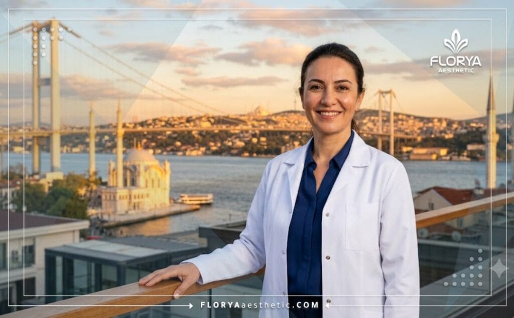 Smiling expert doctor welcoming patients with an iconic Istanbul landmark in the background