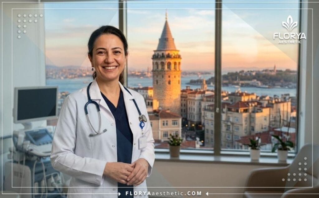 Médecin spécialiste souriant avec le pont du Bosphore à Istanbul en arrière-plan.