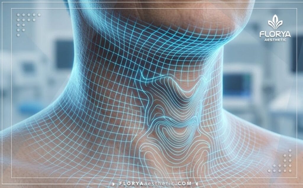 Scan 3D haute technologie de la zone respiratoire et du cou montrant la précision numérique.
