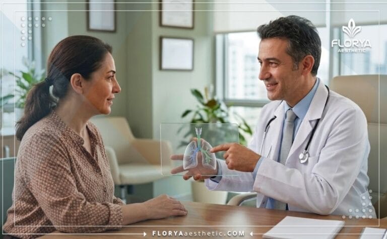 طبيب يشرح خطة علاج انسداد مجرى التنفس في تركيا لمريض باستخدام جهاز لوحي متطور.
