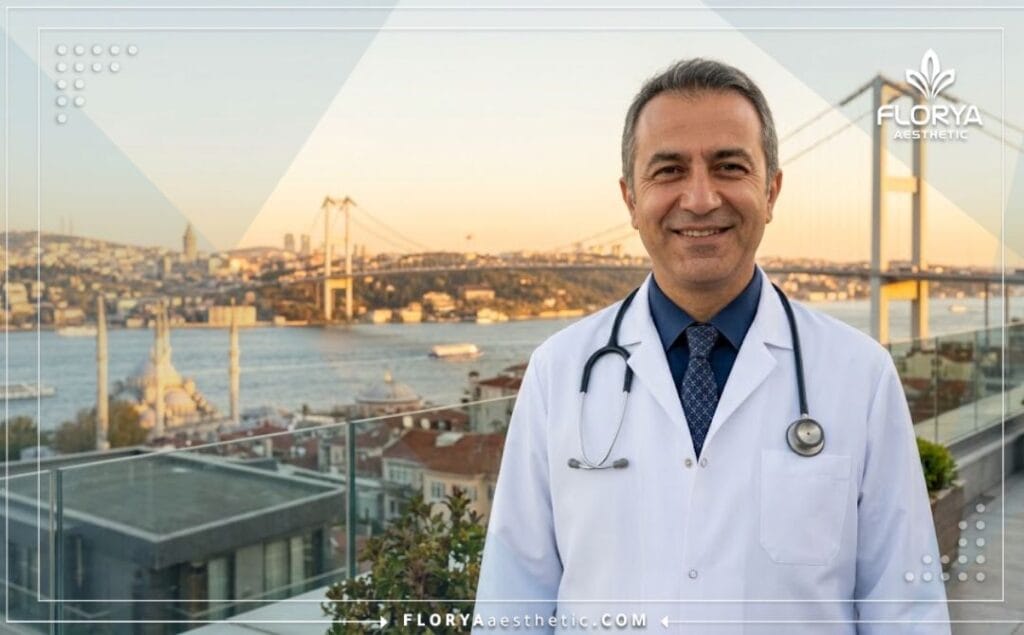 Chirurgien souriant avec une vue d'Istanbul en arrière-plan