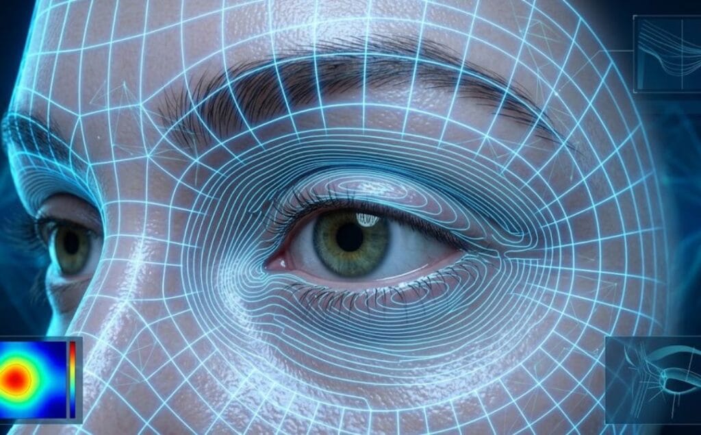 High-tech digital 3D mesh surface scan focusing on the intricate eye anatomy for aesthetic planning.