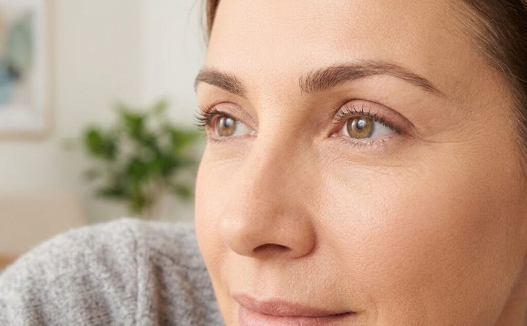 Close-up showcasing the flawless and natural aesthetic outcome of cosmetic eye surgery.