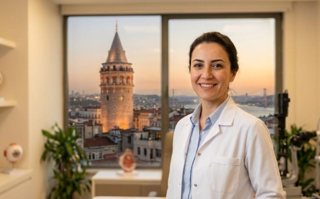 Friendly specialized eye plastic surgeon welcoming patients with the Istanbul skyline in the background.