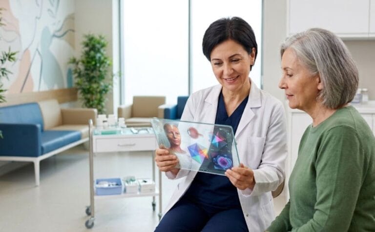 طبيب محترف يعرض خطة علاجية رقمية في افضل عيادة تجميل عيون في اسطنبول باستخدام تقنيات حديثة.