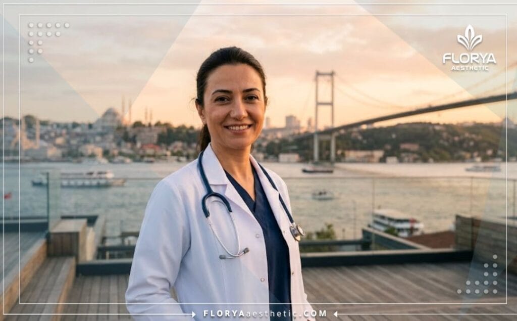 Friendly ENT doctor welcoming a patient to Istanbul for sinus surgery with a landmark in the background.