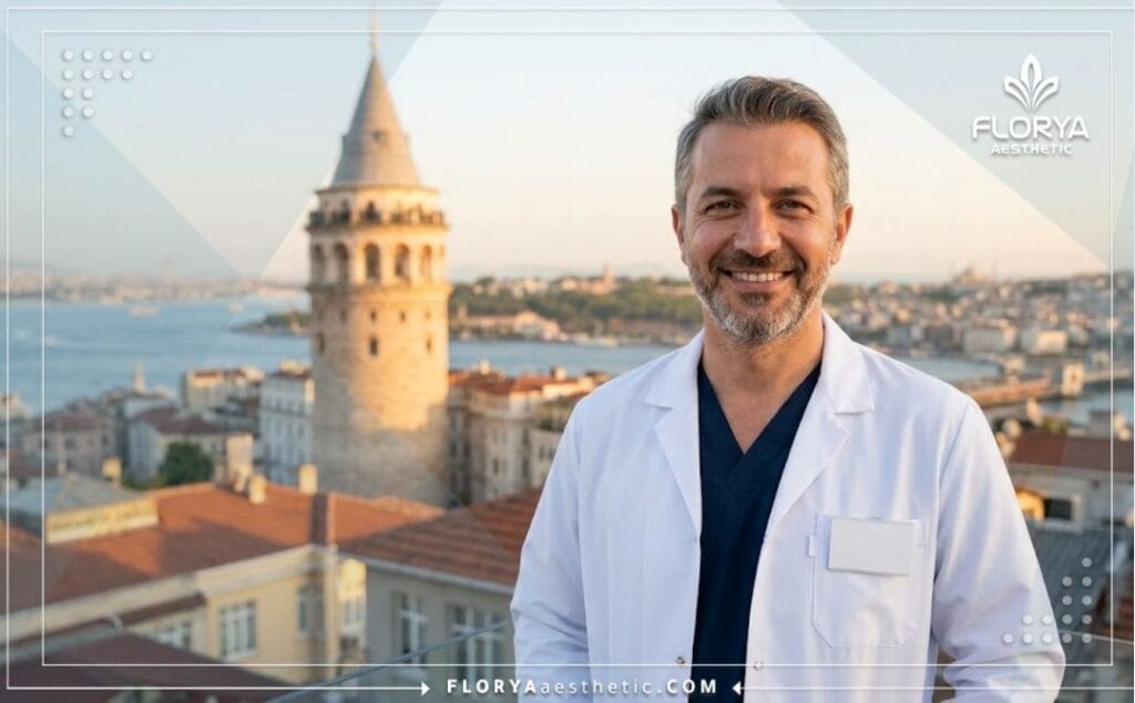 طبيب تجميل متخصص يبتسم مع إطلالة خلفية على مضيق البوسفور في إسطنبول.