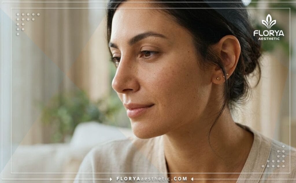 Close-up photographic aesthetic detail showcasing the successful and natural outcome of rhinoplasty