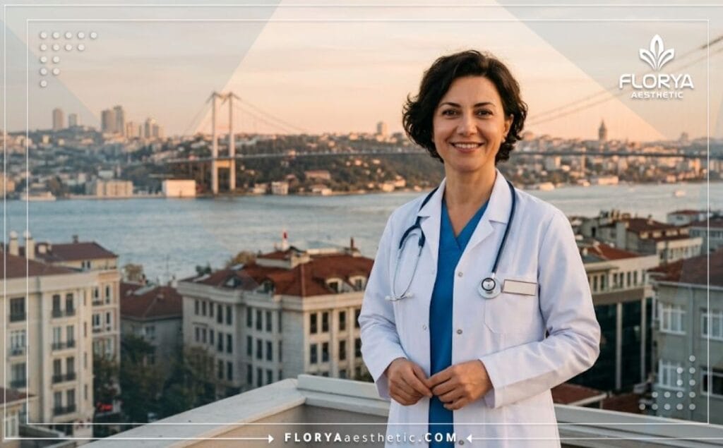 Friendly aesthetic surgeon in Istanbul with the Bosphorus landmark visible in the background