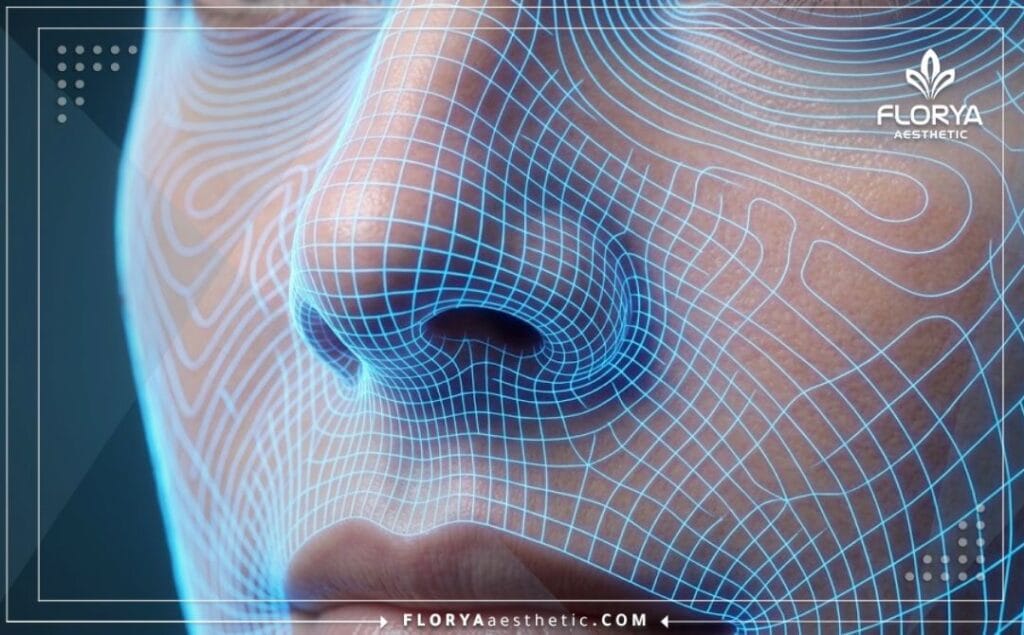 مسح رقمي ثلاثي الأبعاد لمنطقة الأنف والوجه يظهر الدقة المتناهية في التخطيط.