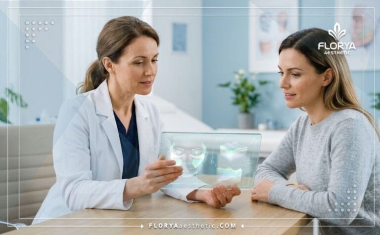 طبيب متخصص يشرح خطة علاج تقنية البيوفيلر لملء تجويف العين والجفون باستخدام أجهزة رقمية حديثة