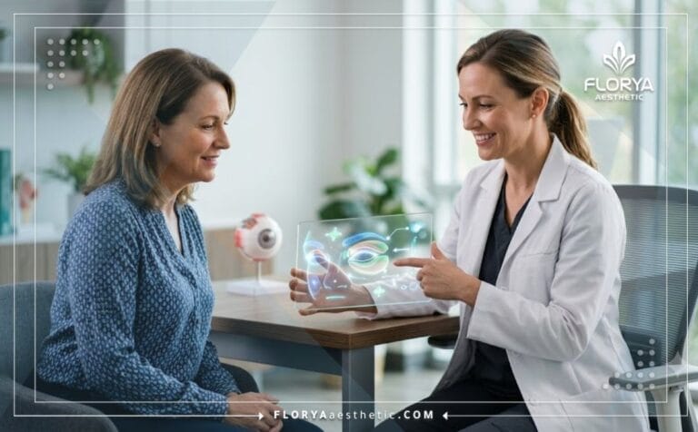 طبيب محترف يشرح خطة جراحة تعديل شكل الجفن للمريض باستخدام تقنيات رقمية حديثة