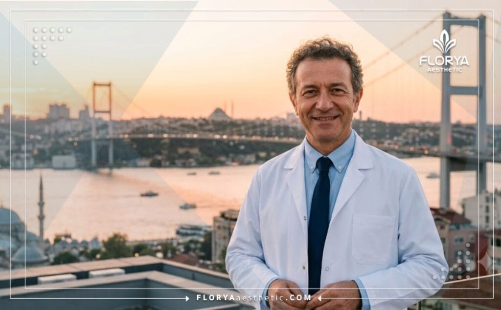 Professional eyelid surgeon with Istanbul landmark view in the background