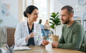 Professional doctor discussing Blepharoplasty Cost in Turkey with digital tablet graphics