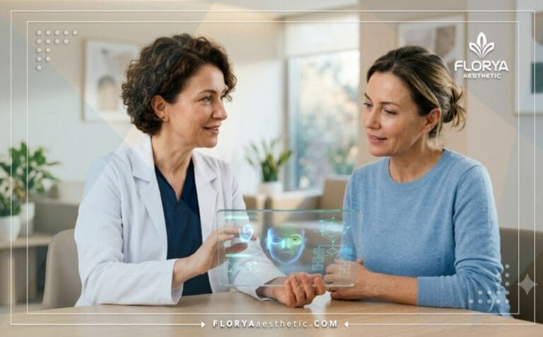 طبيب يشرح تكلفة جراحة تجميل الجفون في تركيا للمريض عبر شاشات رقمية حديثة