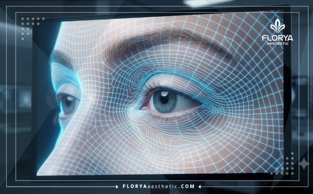 مسح رقمي ثلاثي الأبعاد لشبكة أفقية زرقاء على منطقة الجفون والعيون للتخطيط الدقيق