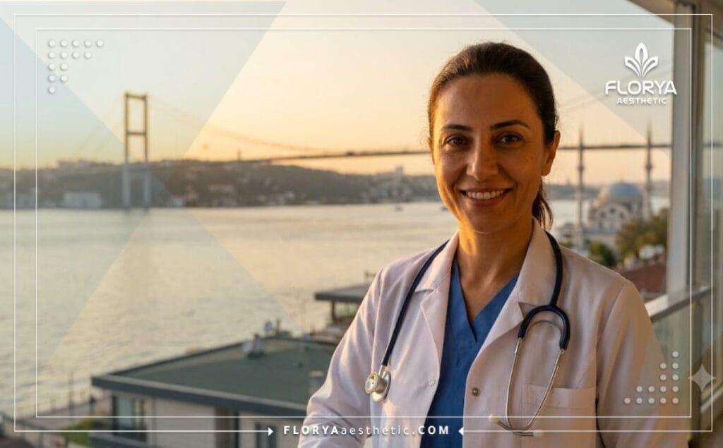 طبيب تجميل متخصص يبتسم مع إطلالة خلفية على جسر البوسفور في إسطنبول