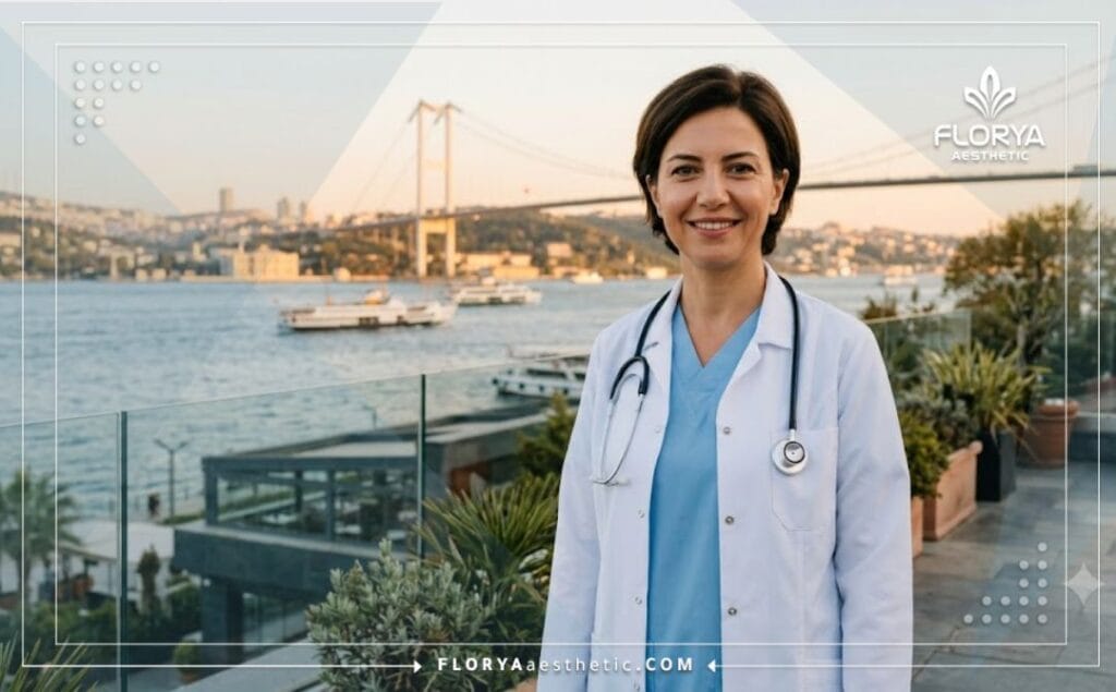 Médico especialista sonriente dando la bienvenida a los pacientes en Estambul.