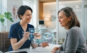 طبيب محترف يشرح خطة علاج تجميل الجفون وإزالة الكيس الدهني باستخدام جهاز لوحي رقمي حديث