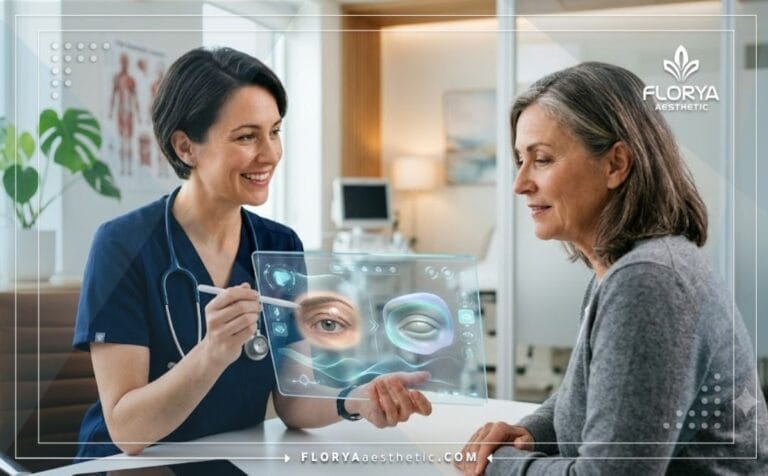 طبيب محترف يشرح خطة علاج تجميل الجفون وإزالة الكيس الدهني باستخدام جهاز لوحي رقمي حديث