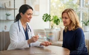 طبيب محترف يشرح خطة تجميل الجفون وإخفاء التجاعيد للمريض باستخدام أحدث التقنيات الرقمية