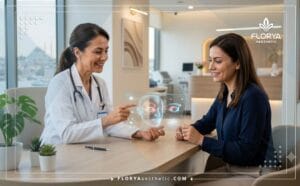طبيب محترف يشرح خطة تجميل الجفون في تركيا للمريض باستخدام تقنيات رقمية