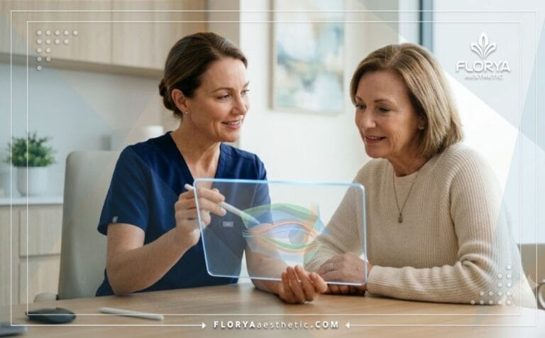 طبيب خبير يعرض خطة تجميل الجفون بدون تخدير كلي باستخدام تقنية رقمية حديثة