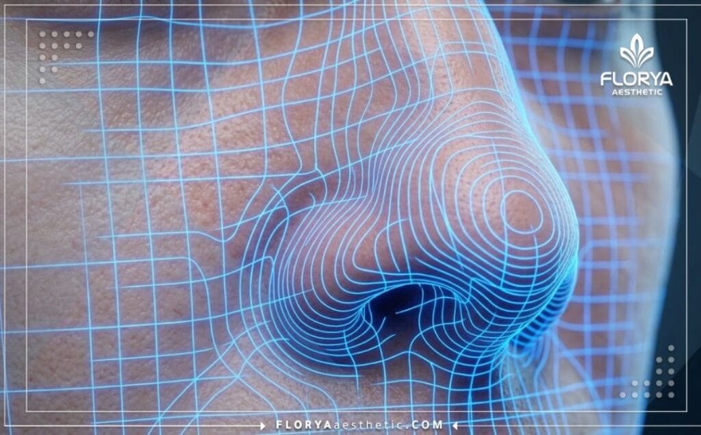 مسح رقمي ثلاثي الأبعاد يوضح تفاصيل منطقة الأنف بتقنية الليزر الأزرق لتحليل هيكل الوجه بدقة.