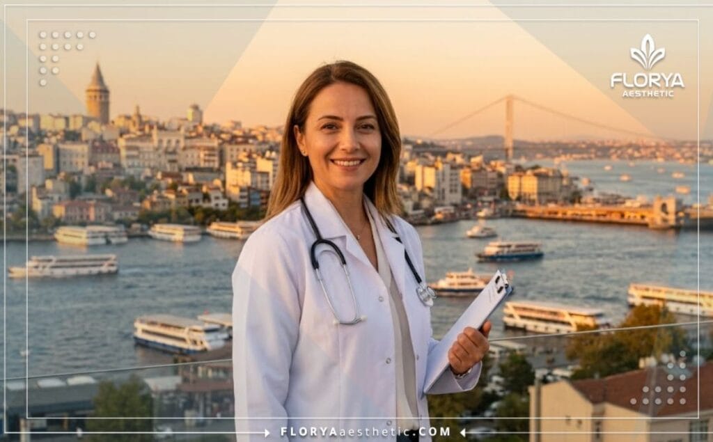 طبيب متخصص يبتسم بحرارة مع خلفية تظهر معالم اسطنبول الشهيرة ترحيباً بالمرضى.