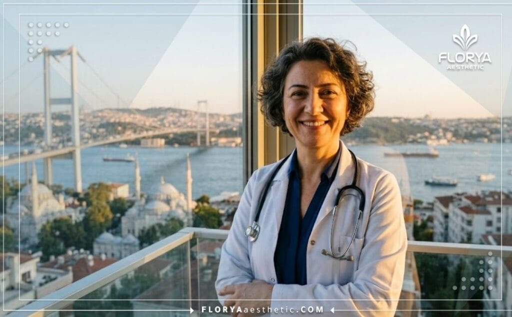 Friendly rhinoplasty surgeon welcoming patients with Istanbul landmarks in the background