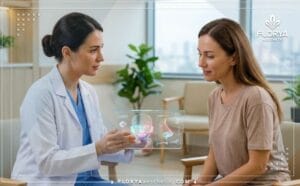 طبيب محترف يشرح خطة جراحة تصغير الأنف اللحمي في تركيا للمريض باستخدام جهاز لوحي متطور
