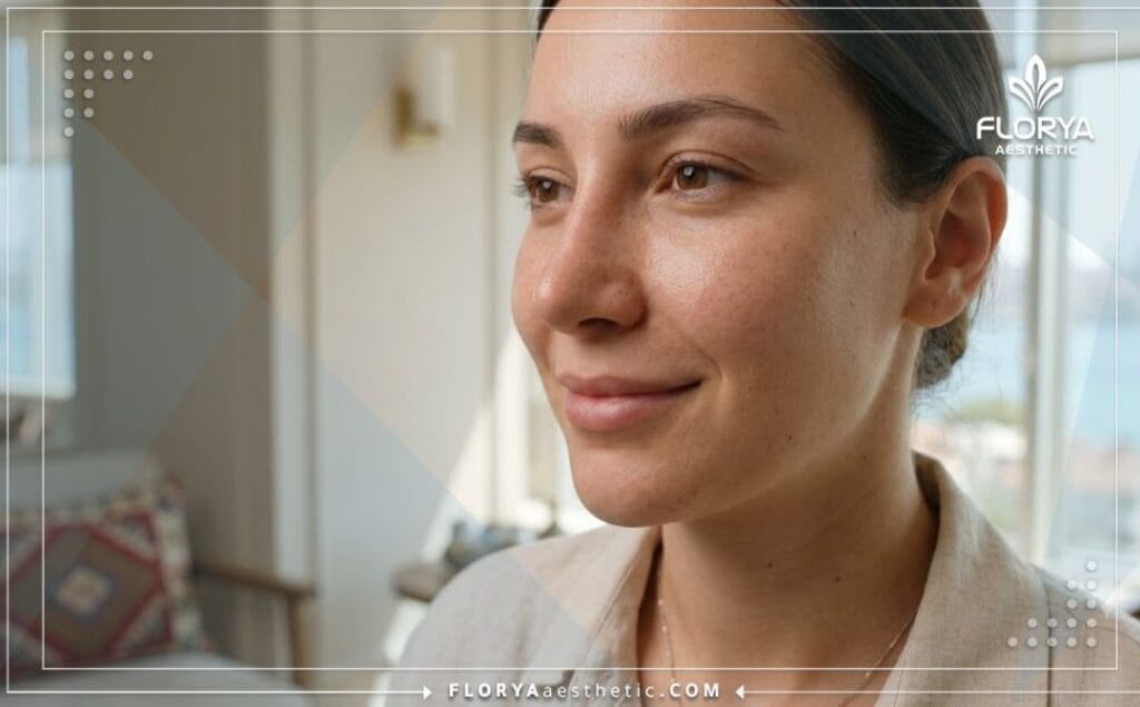 Cinematic close-up showing the flawless and natural aesthetic result of the nose surgery