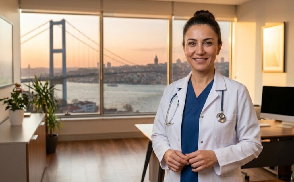Médecin esthétique souriant à Istanbul devant un monument célèbre