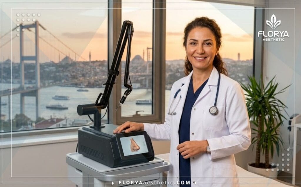 Friendly expert surgeon smiling with the iconic Bosphorus Bridge in Istanbul in the background.
