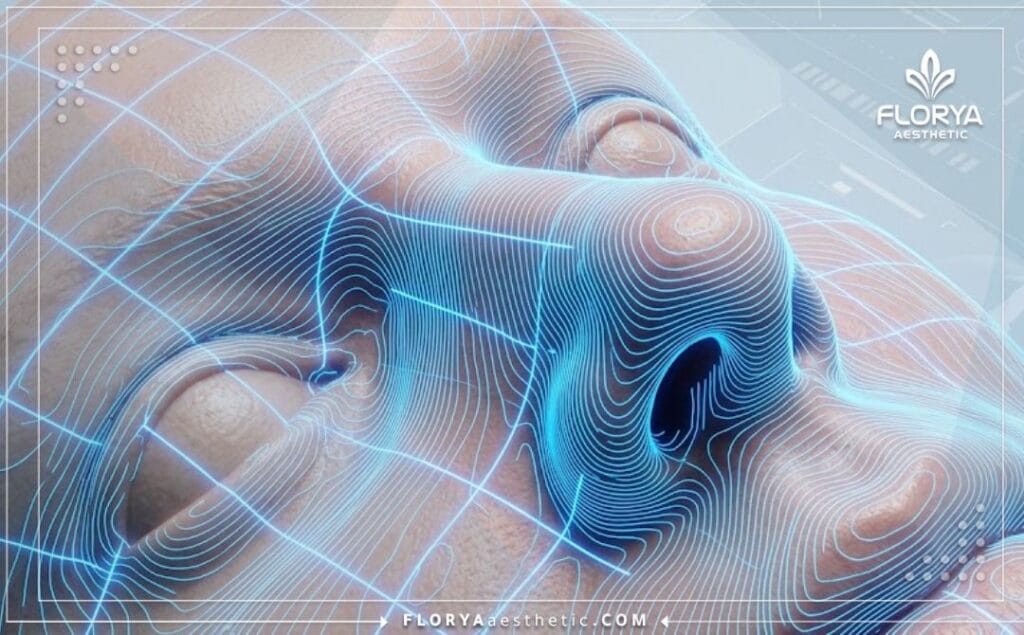 Detailed 3D digital macro scan focusing on the nasal anatomy for high-tech surgical planning.