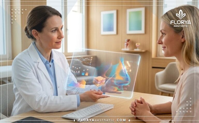 طبيب محترف يشرح خطة تجميل الأنف بتقنية الليزر الكربوني للمريض باستخدام جهاز لوحي متطور ومبتكر.