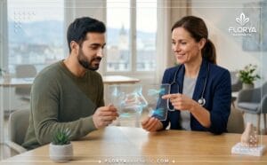 Médecin expert expliquant la Rhinoplastie Ultrasonique Avancée avec une tablette numérique.