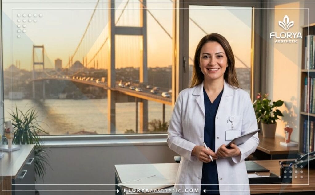 Friendly rhinoplasty specialist with the Bosphorus Bridge in Istanbul.