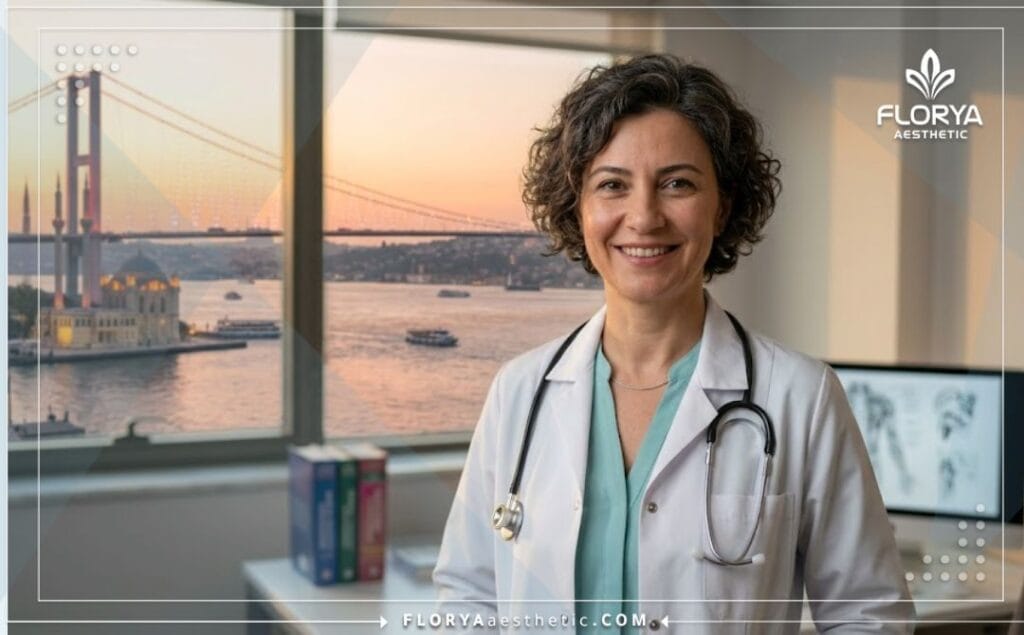 Médecin spécialiste du nez accueillant les patients à Istanbul avec vue sur la ville.