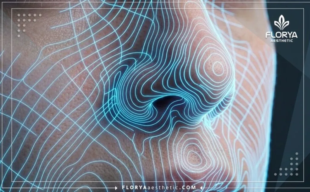 مسح رقمي ثلاثي الأبعاد لمنطقة الأنف بتقنية الليزر مع إظهار تفاصيل البشرة.