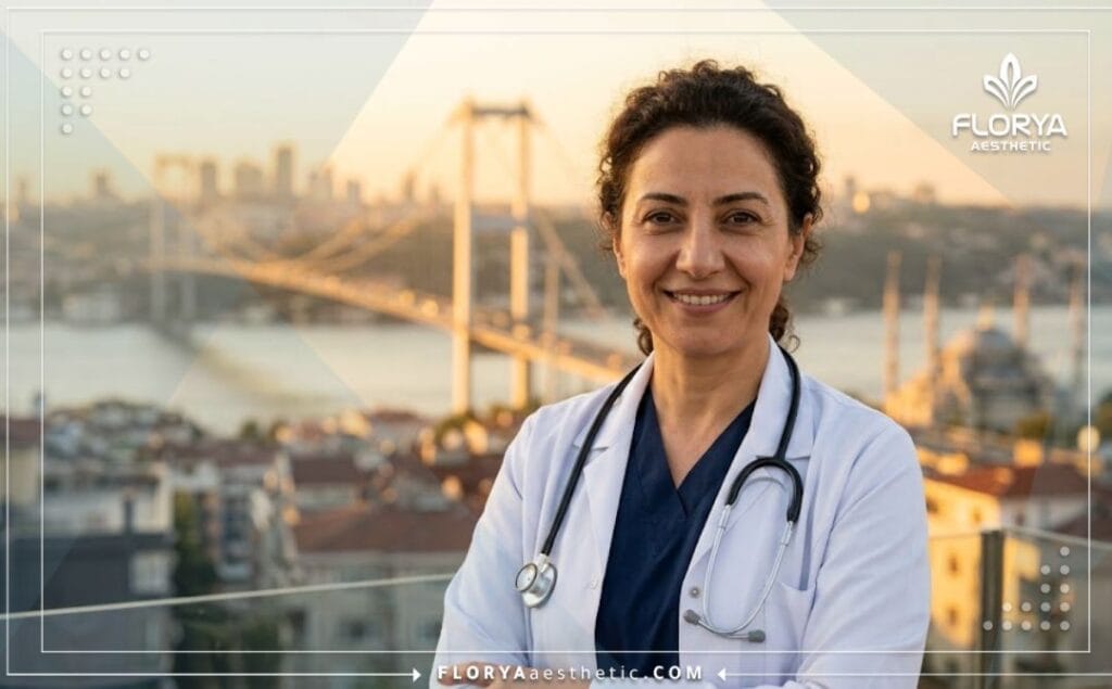 Cirujano plástico sonriente en Estambul con el puente del Bósforo al fondo.